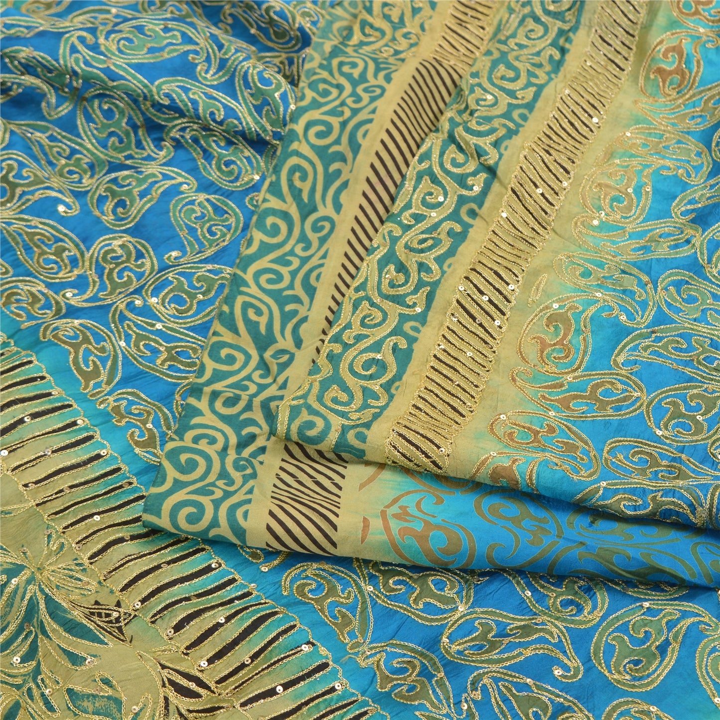 Sanskriti Vintage Blue/Green Sarees Pure Silk Hand Beaded Premium Sari Fabric