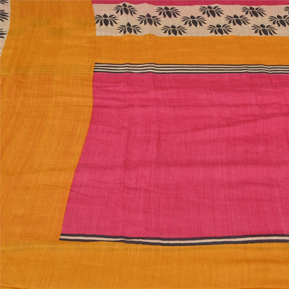 Sanskriti Vintage Pink/Saffron Sarees Pure Silk Printed Sari Craft Fabric