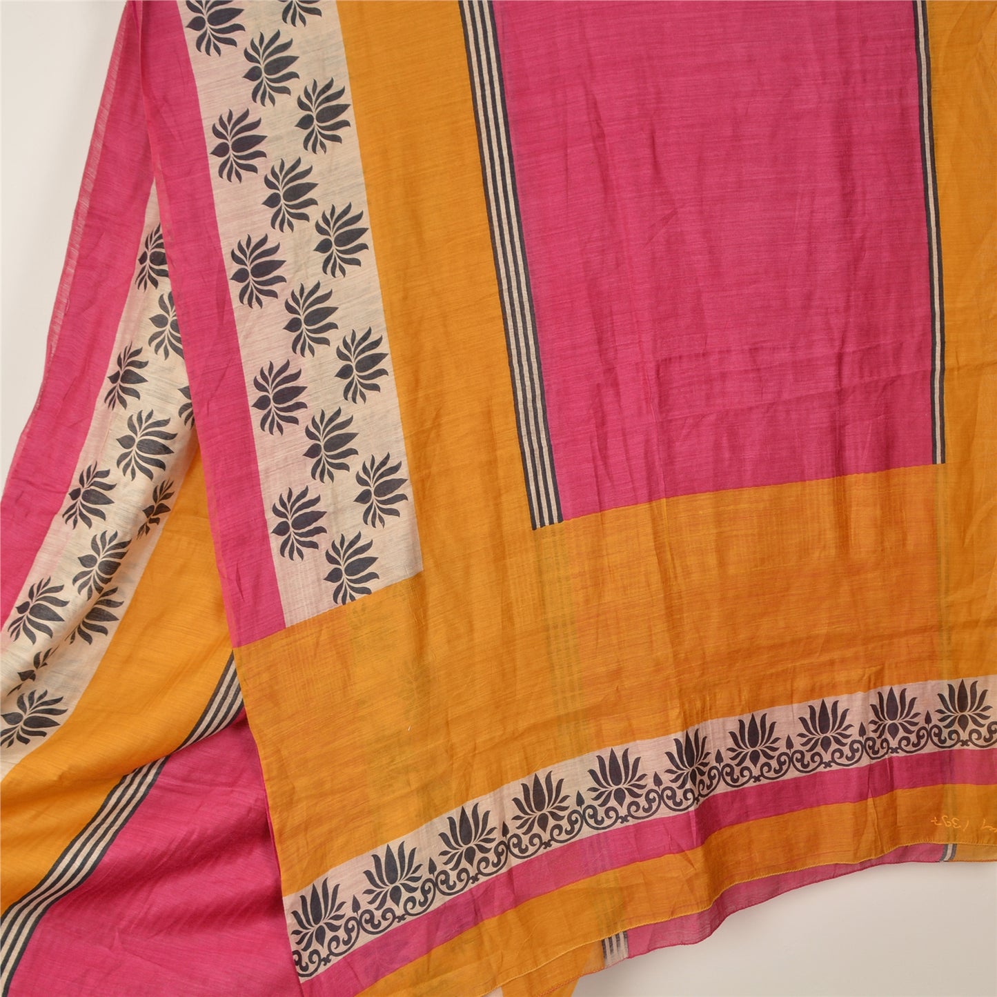 Sanskriti Vintage Pink/Saffron Sarees Pure Silk Printed Sari Craft Fabric