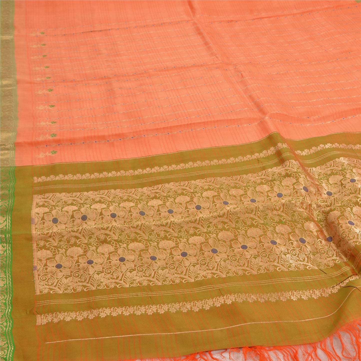 Sanskriti Vintage Orange/Green Sarees Pure Silk Woven Brocade Sari Fabric