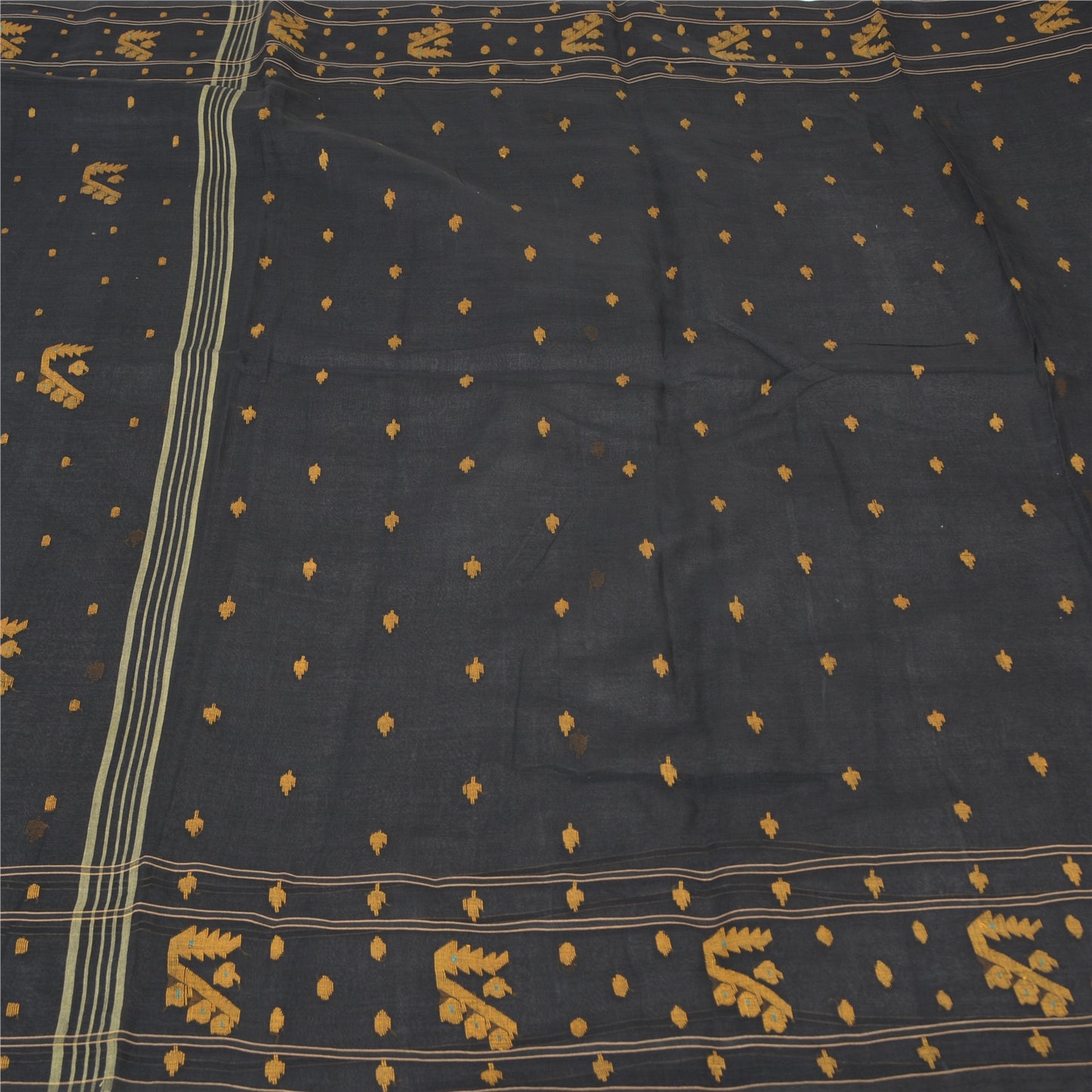 Sanskriti Vintage Black Indian Sarees Pure Cotton Hand-Woven Tant Sari Fabric