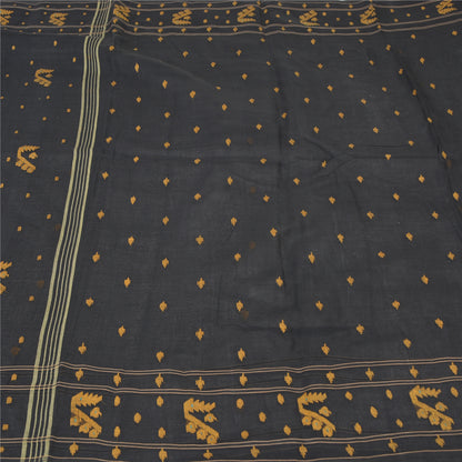 Sanskriti Vintage Black Indian Sarees Pure Cotton Hand-Woven Tant Sari Fabric