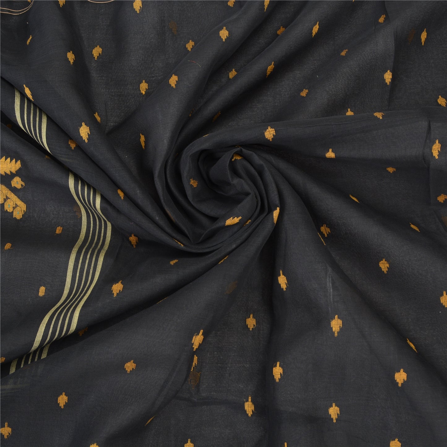 Sanskriti Vintage Black Indian Sarees Pure Cotton Hand-Woven Tant Sari Fabric