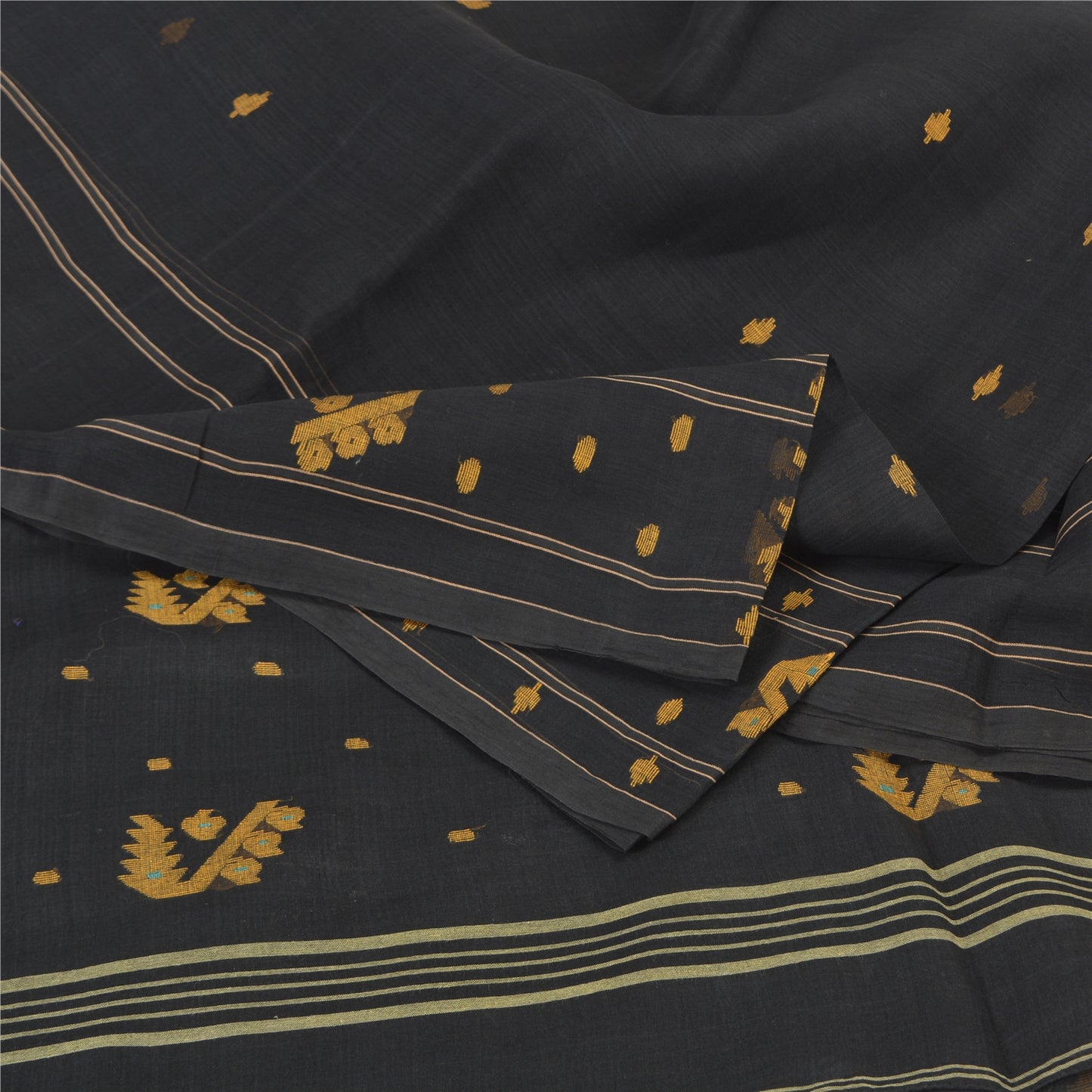 Sanskriti Vintage Black Indian Sarees Pure Cotton Hand-Woven Tant Sari Fabric