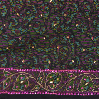 Sanskriti Vintage Sarees Black/Pink Hand Beaded Pure Silk Sari 5yd Craft Fabric