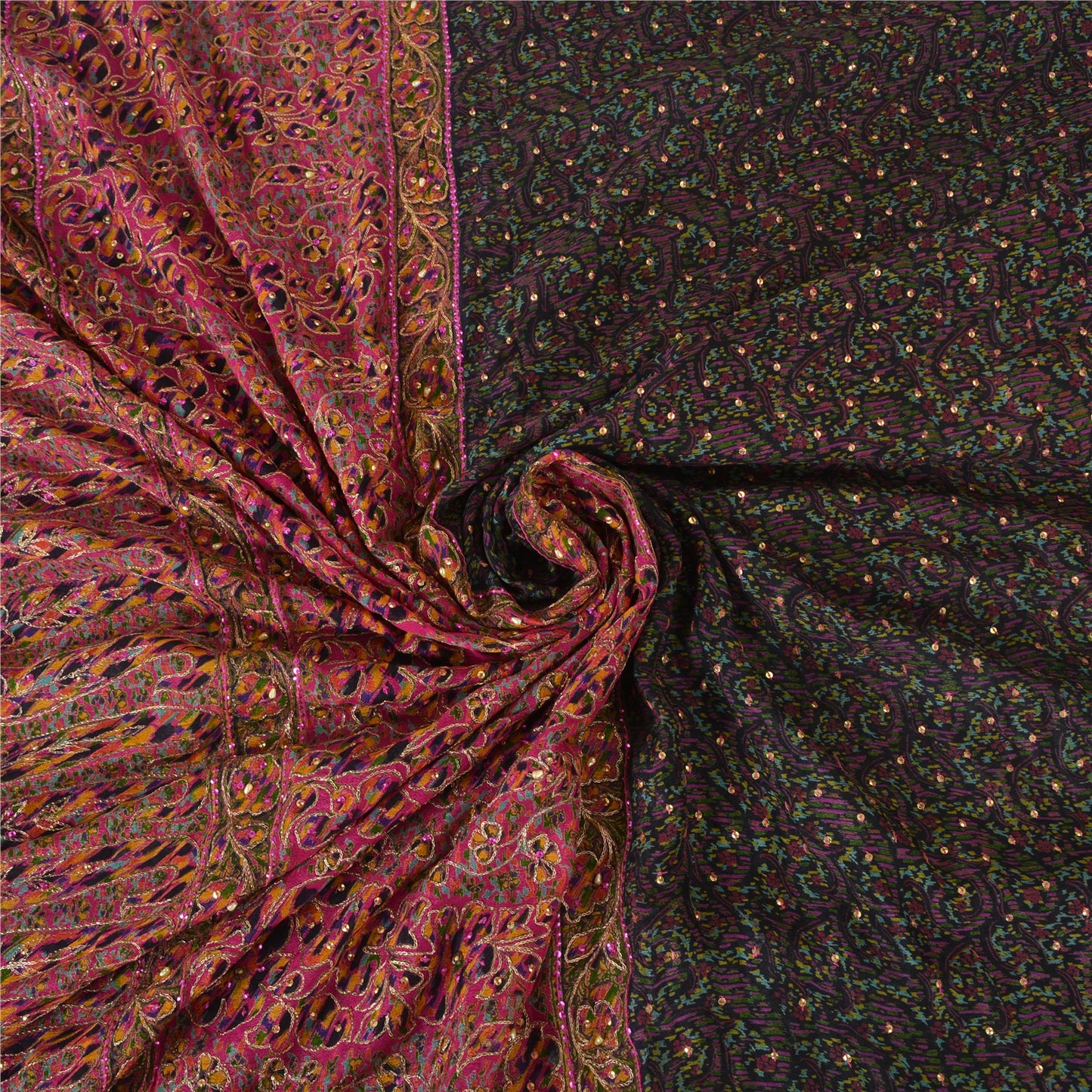 Sanskriti Vintage Sarees Black/Pink Hand Beaded Pure Silk Sari 5yd Craft Fabric