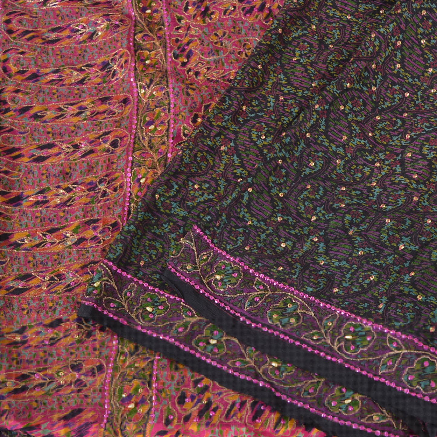 Sanskriti Vintage Sarees Black/Pink Hand Beaded Pure Silk Sari 5yd Craft Fabric