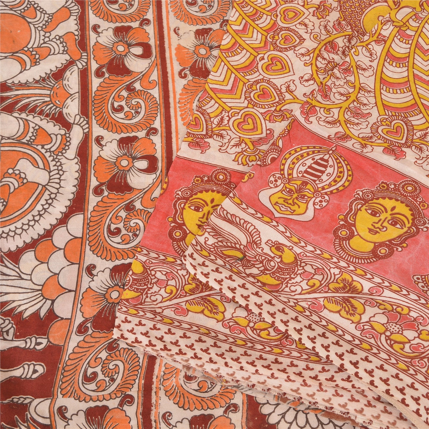 Sanskriti Vintage Sarees Ivory Pattachitra Women Peacock Pure Cotton Sari Fabric