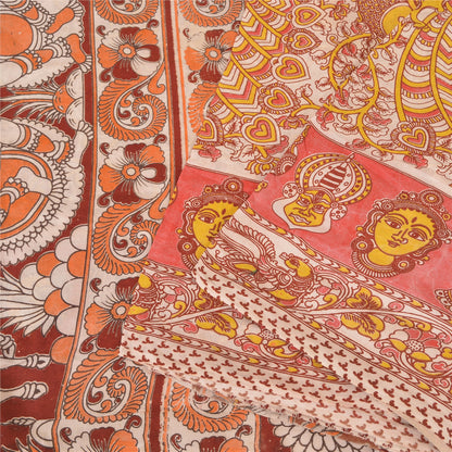 Sanskriti Vintage Sarees Ivory Pattachitra Women Peacock Pure Cotton Sari Fabric