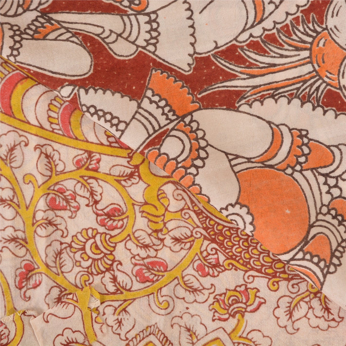 Sanskriti Vintage Sarees Ivory Pattachitra Women Peacock Pure Cotton Sari Fabric