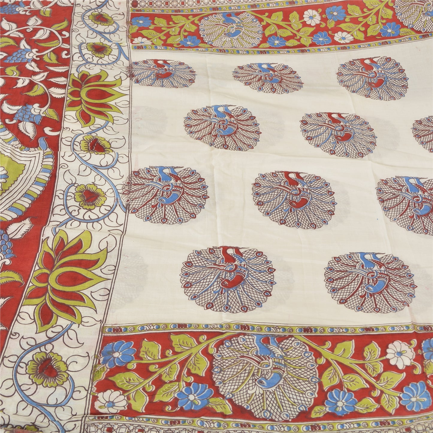 Sanskriti Vintage Sarees Ivory Peacock HandmadeKalamkari Pure Cotton Sari Fabric