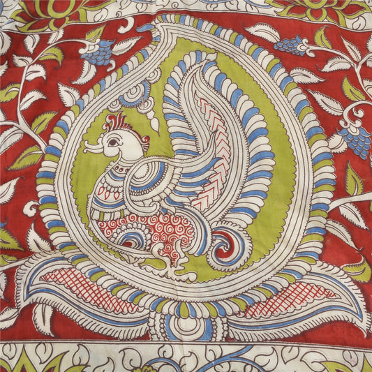 Sanskriti Vintage Sarees Ivory Peacock HandmadeKalamkari Pure Cotton Sari Fabric