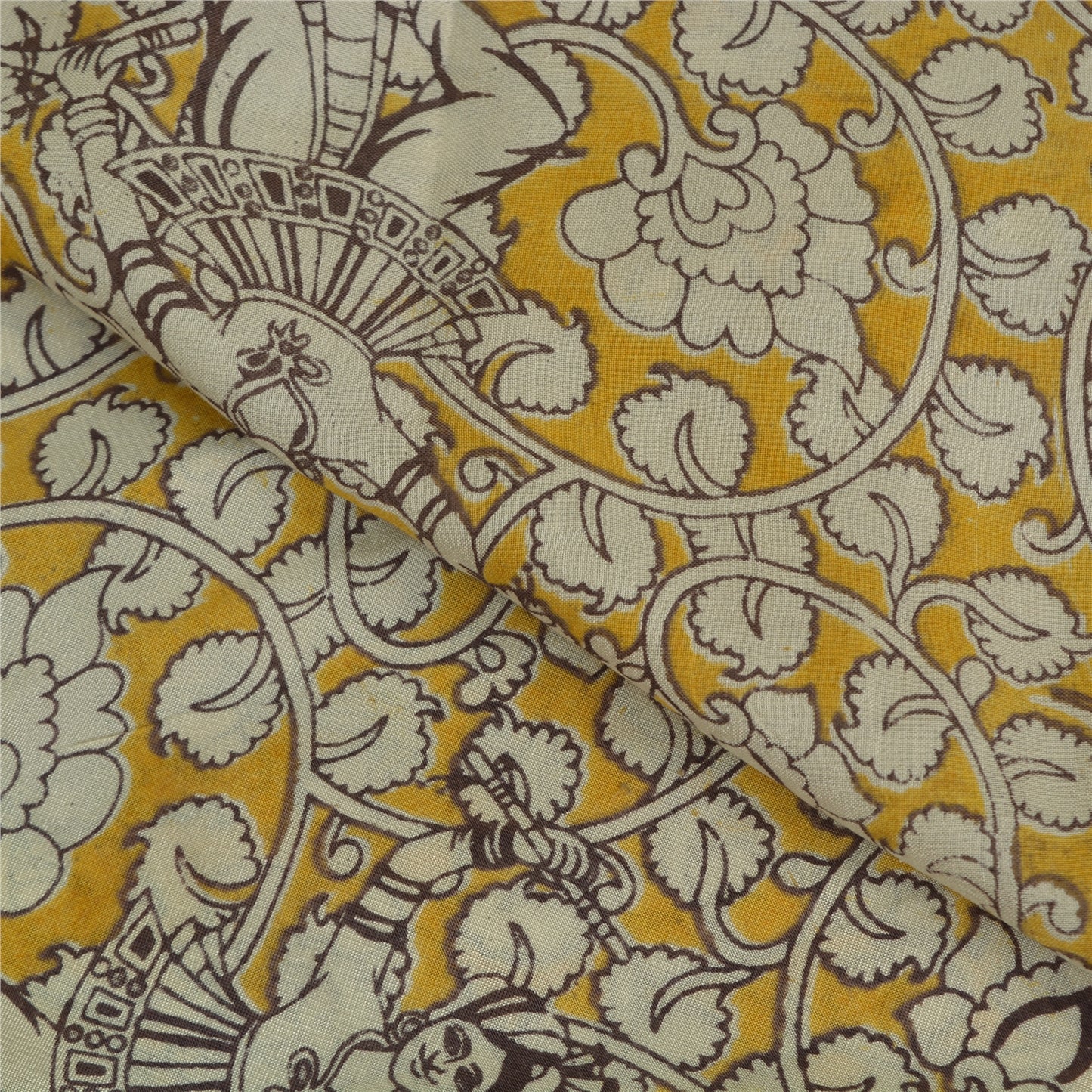 Sanskriti Vintage Sarees Yellow/Ivory HandBlockKalamkari Pure Cotton Sari Fabric