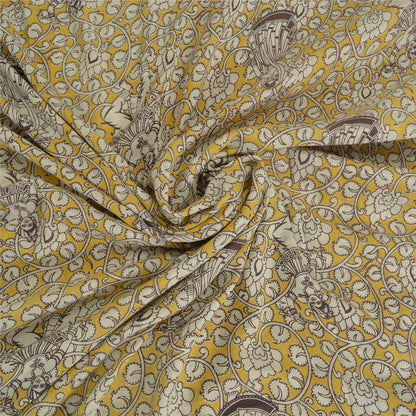 Sanskriti Vintage Sarees Yellow/Ivory HandBlockKalamkari Pure Cotton Sari Fabric