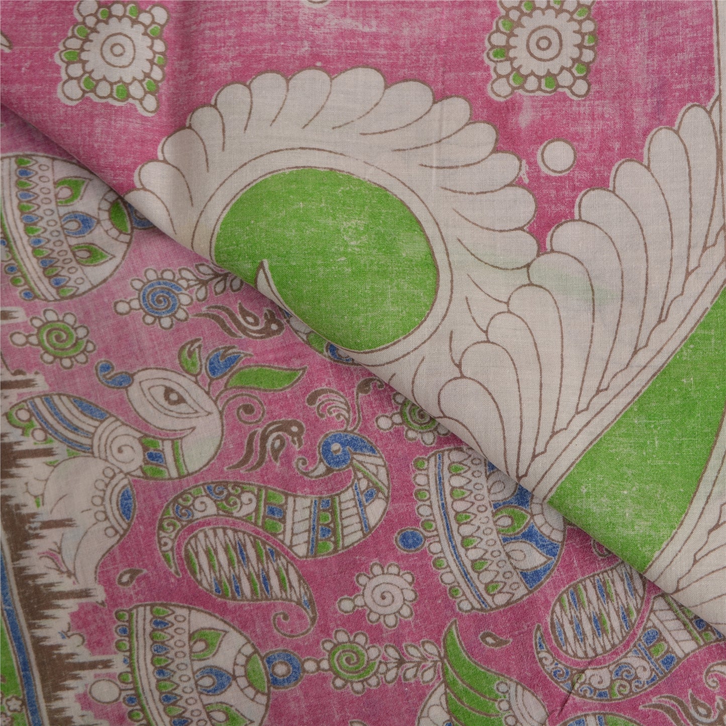 Sanskriti Vintage Sarees Pink Peacock Handmade Kalamkari Pure Cotton Sari Fabric