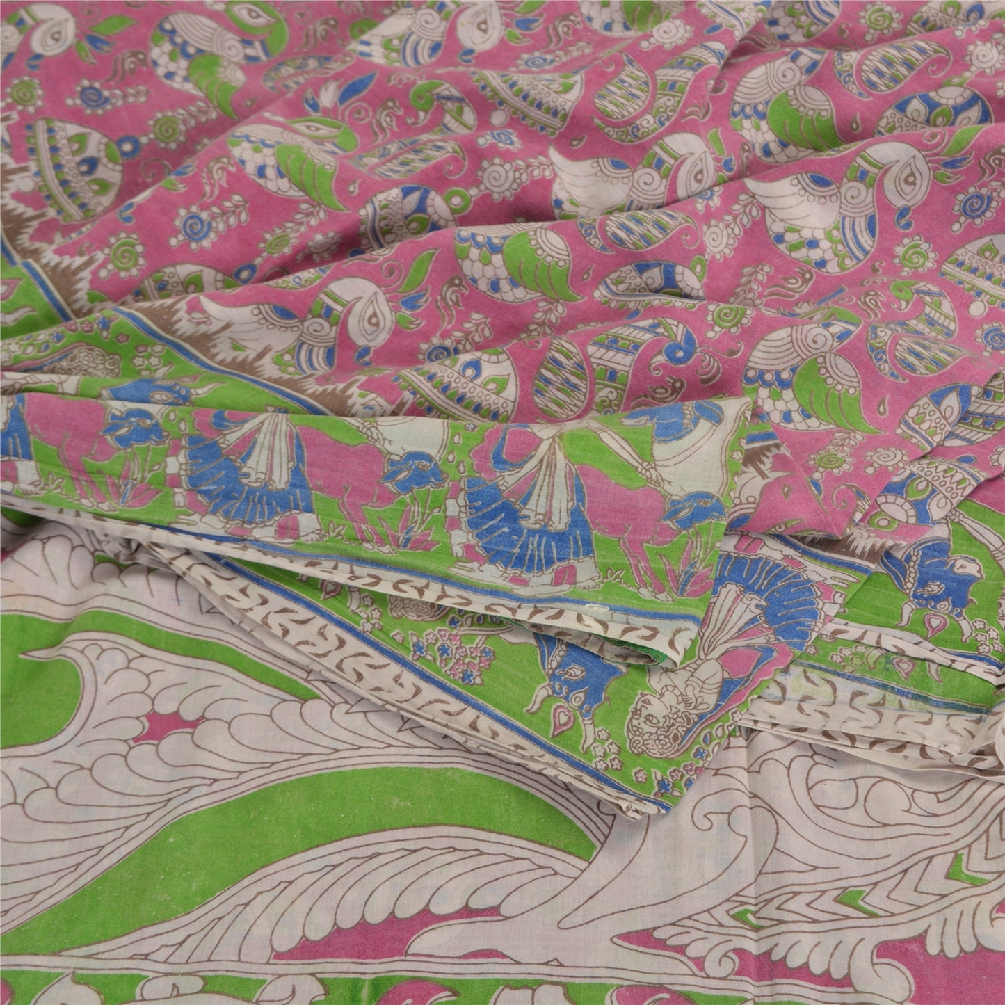 Sanskriti Vintage Sarees Pink Peacock Handmade Kalamkari Pure Cotton Sari Fabric