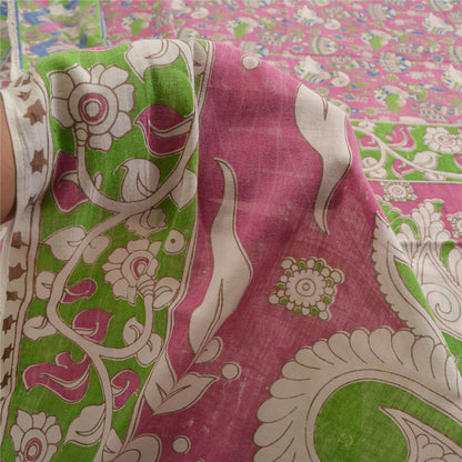 Sanskriti Vintage Sarees Pink Peacock Handmade Kalamkari Pure Cotton Sari Fabric