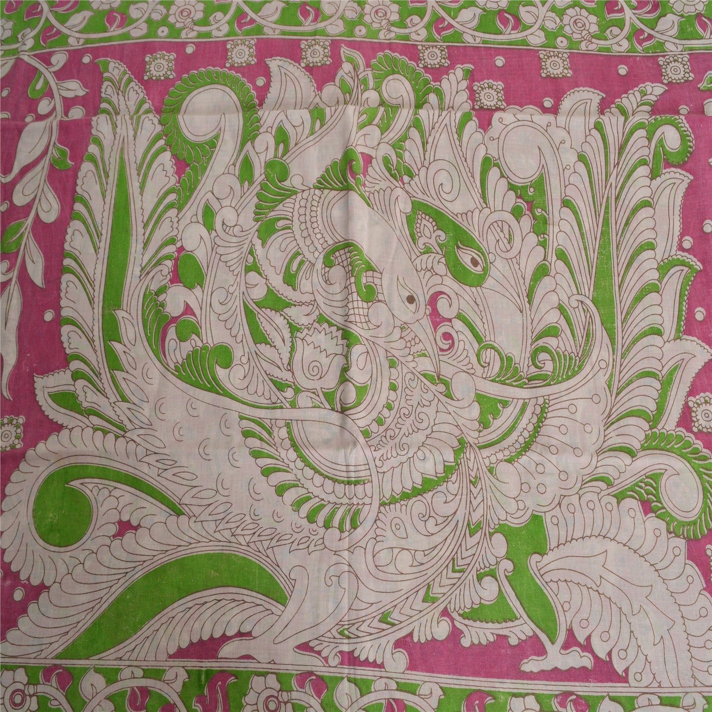 Sanskriti Vintage Sarees Pink Peacock Handmade Kalamkari Pure Cotton Sari Fabric