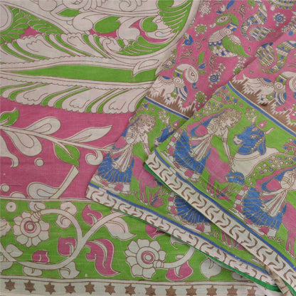 Sanskriti Vintage Sarees Pink Peacock Handmade Kalamkari Pure Cotton Sari Fabric