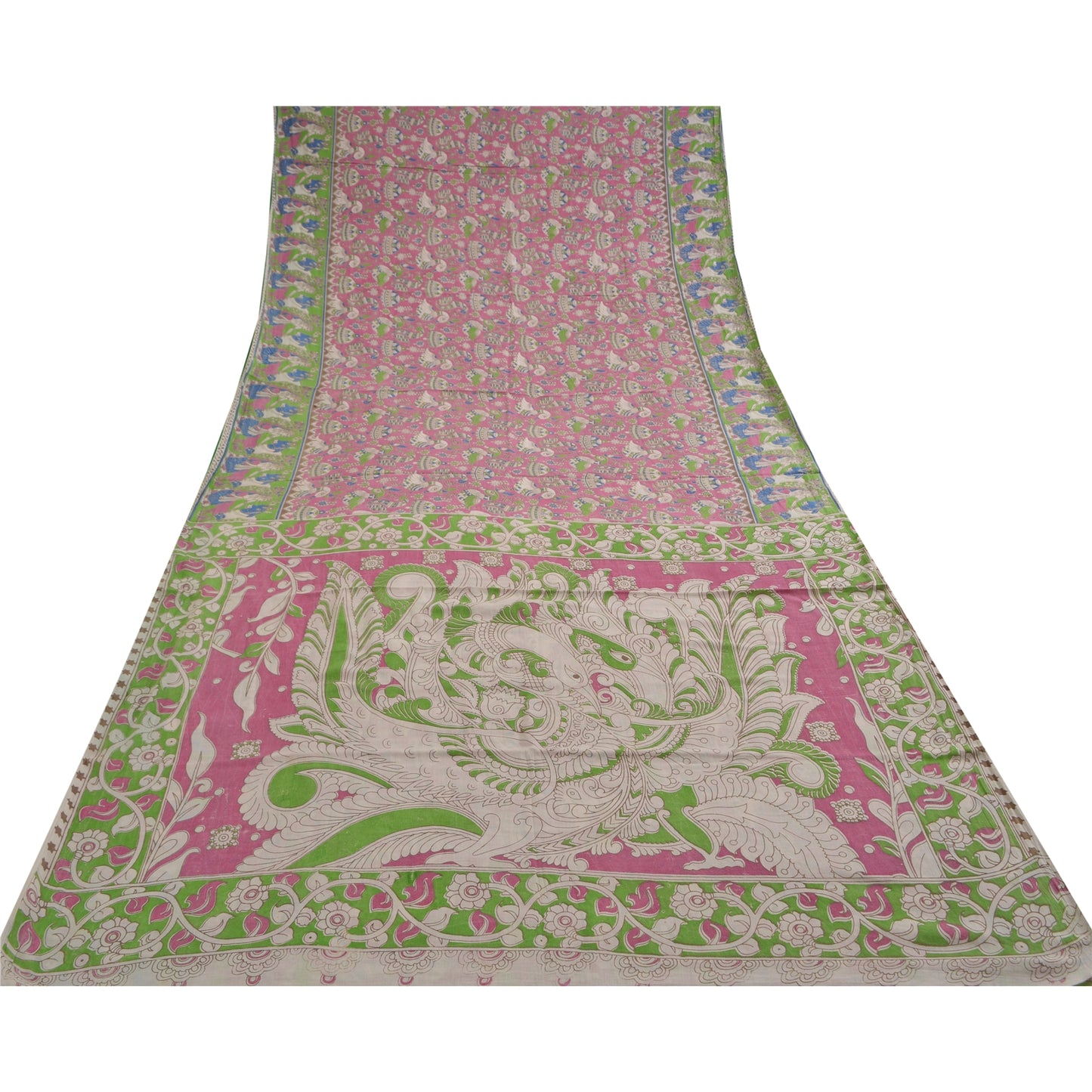 Sanskriti Vintage Sarees Pink Peacock Handmade Kalamkari Pure Cotton Sari Fabric