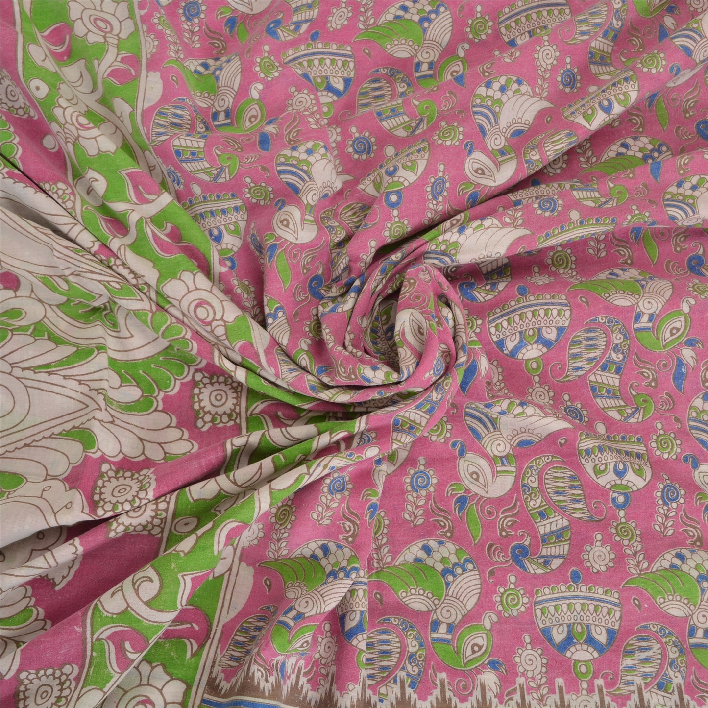 Sanskriti Vintage Sarees Pink Peacock Handmade Kalamkari Pure Cotton Sari Fabric