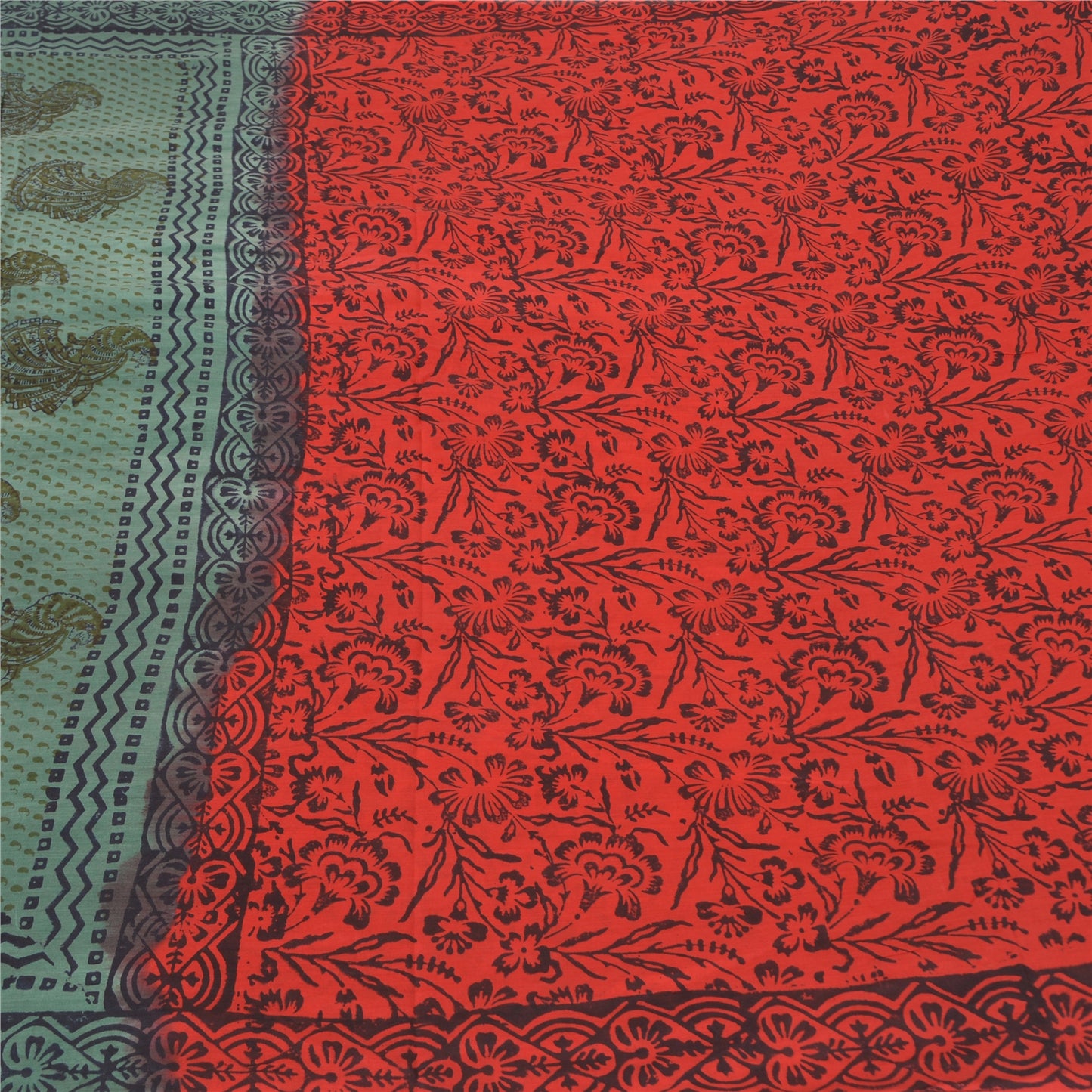 Sanskriti Vintage Sarees Red/Green Handmade Kalamkari Pure Cotton Sari Fabric