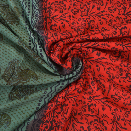 Sanskriti Vintage Sarees Red/Green Handmade Kalamkari Pure Cotton Sari Fabric