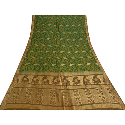 Sanskriti Vintage Sarees Indian Green Hand Woven Pure Silk Sari 5yd Craft Fabric