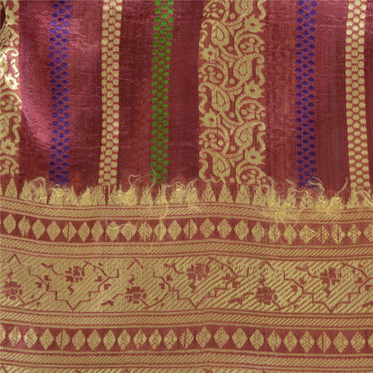 Sanskriti Vintage Sarees Indian Purple Woven Pure Silk Sari Floral Craft Fabric