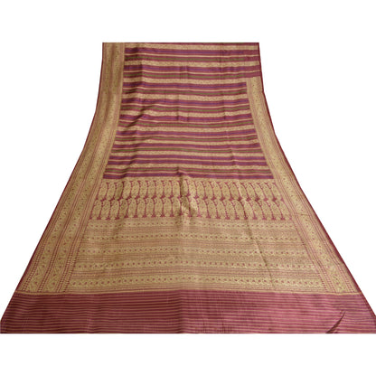 Sanskriti Vintage Sarees Indian Purple Woven Pure Silk Sari Floral Craft Fabric