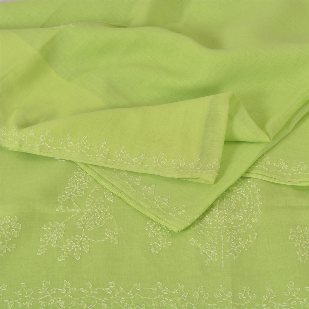 Sanskriti Vintage Sarees Green Hand Embroidered Chikankari Sari 5yd Craft Fabric