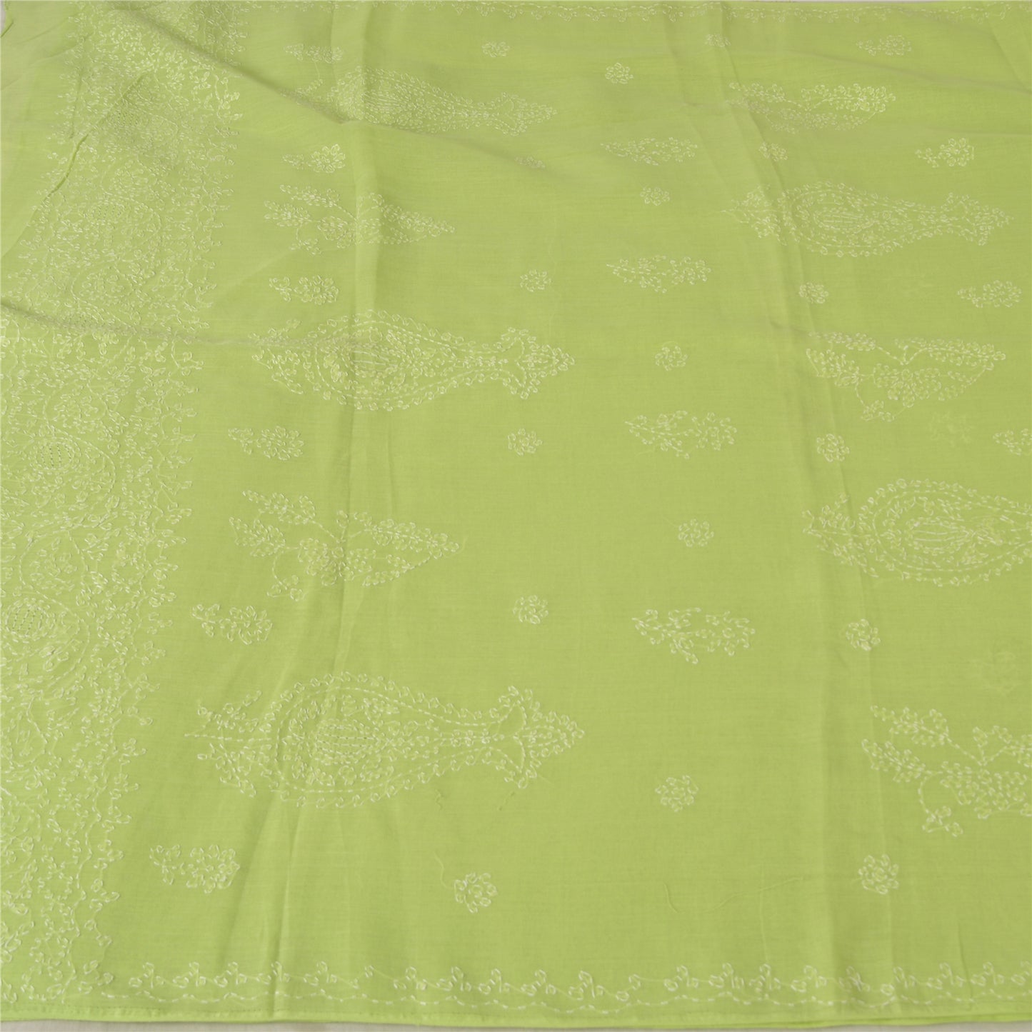 Sanskriti Vintage Sarees Green Hand Embroidered Chikankari Sari 5yd Craft Fabric