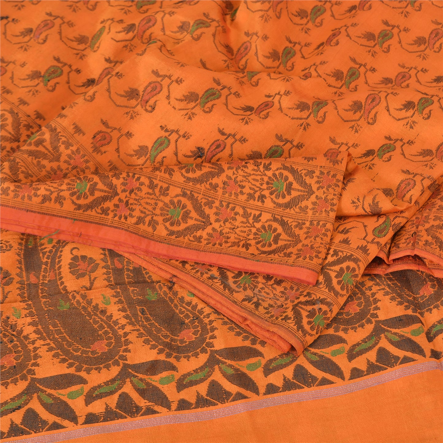 Sanskriti Vintage Sarees Orange Pure Silk Silk Hand Woven Sari 5yd Craft Fabric