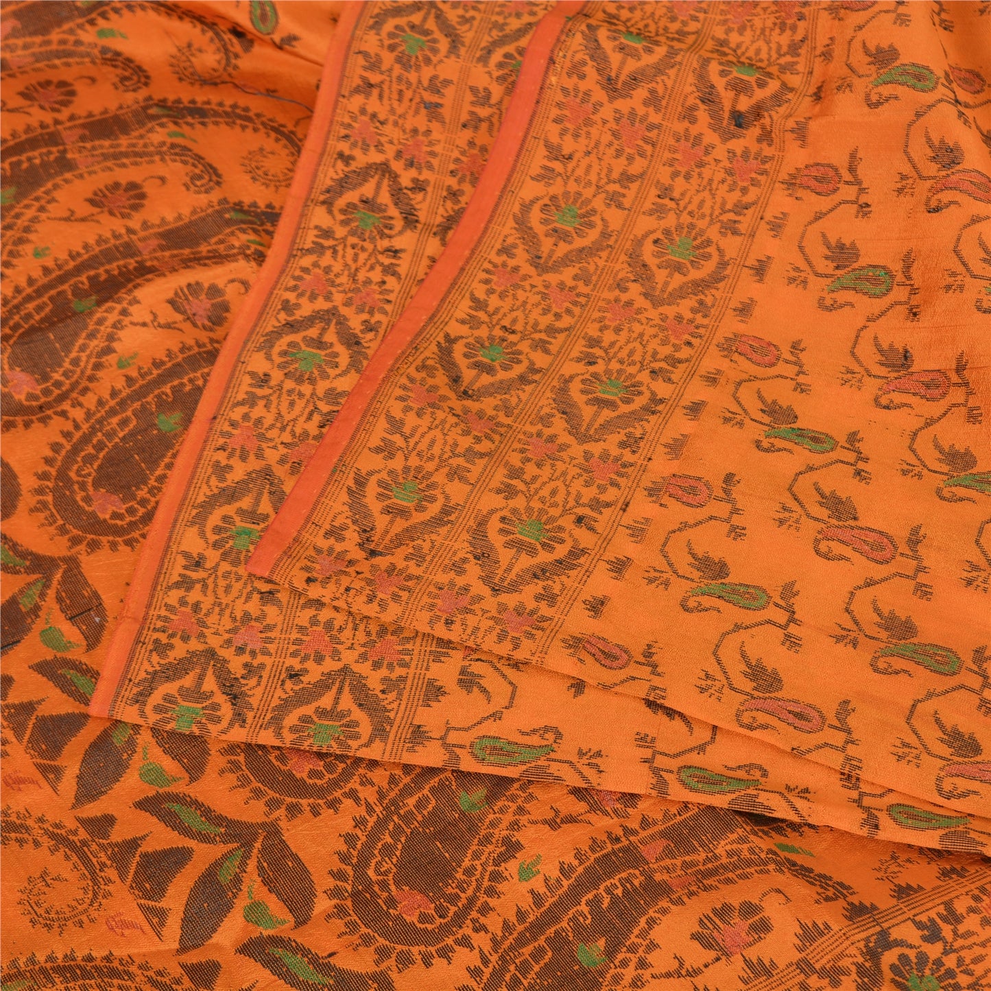 Sanskriti Vintage Sarees Orange Pure Silk Silk Hand Woven Sari 5yd Craft Fabric