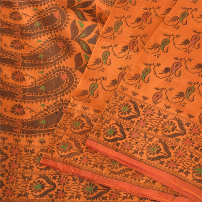 Sanskriti Vintage Sarees Orange Pure Silk Silk Hand Woven Sari 5yd Craft Fabric