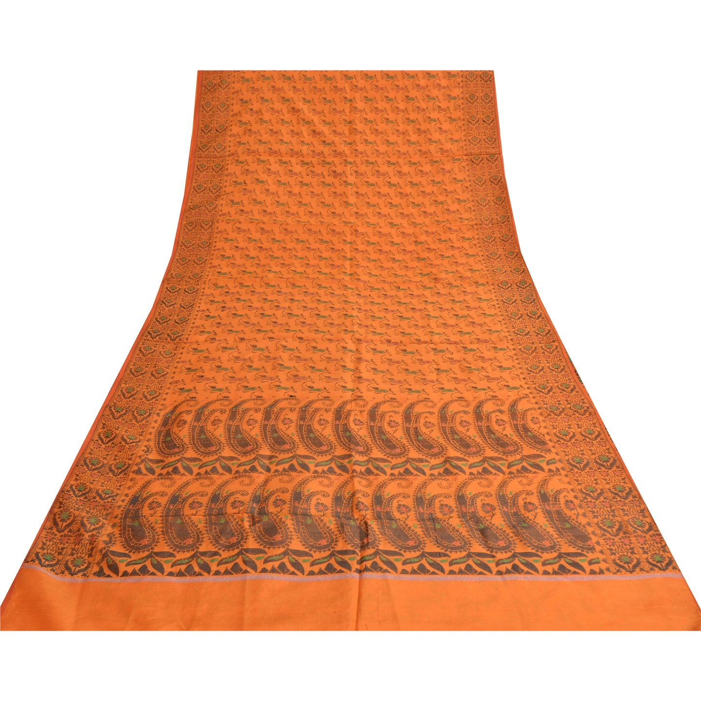 Sanskriti Vintage Sarees Orange Pure Silk Silk Hand Woven Sari 5yd Craft Fabric