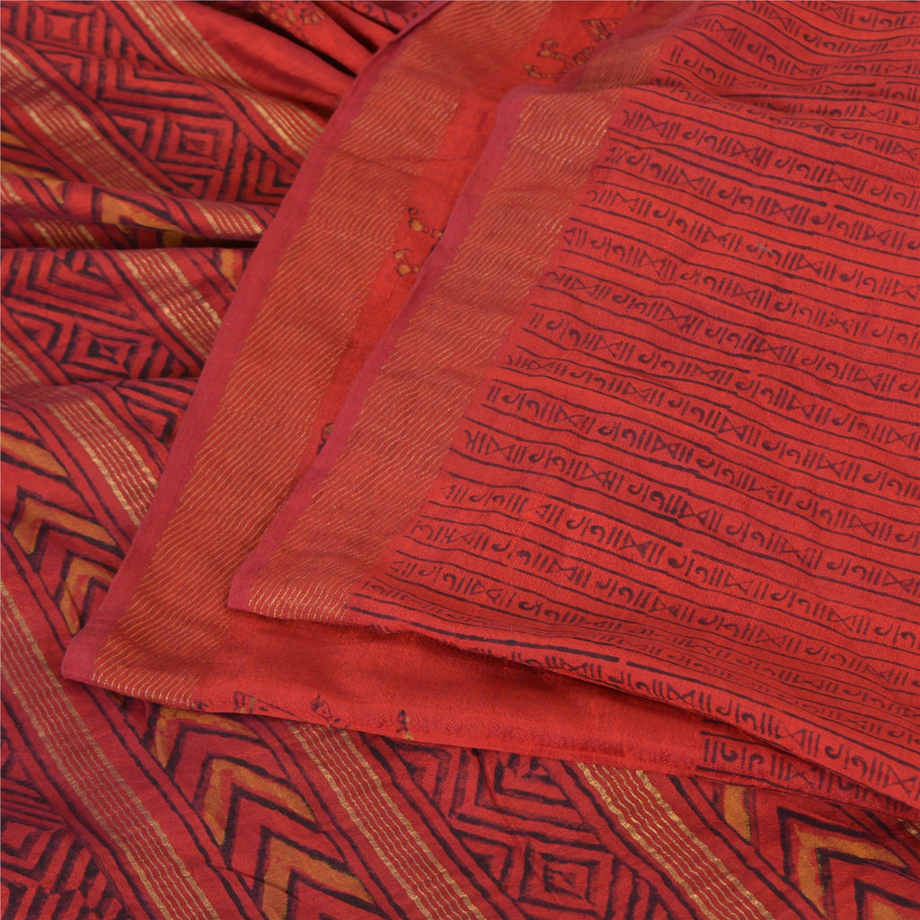 Sanskriti Vintage Sarees Red Hand Block Printed Pure Chanderi Sari Craft Fabric