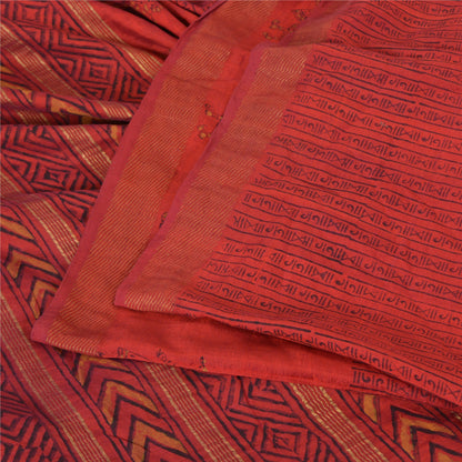 Sanskriti Vintage Sarees Red Hand Block Printed Pure Chanderi Sari Craft Fabric