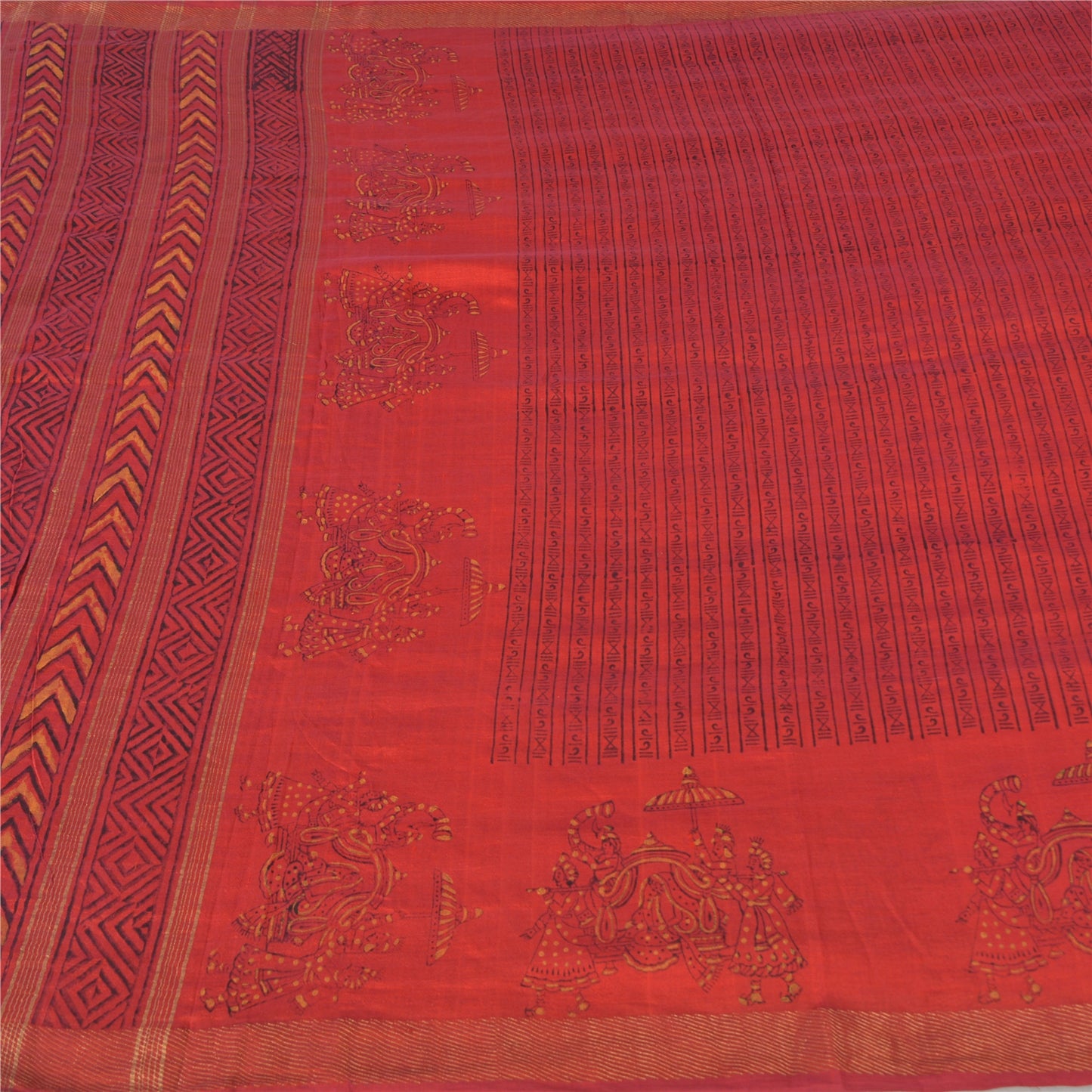 Sanskriti Vintage Sarees Red Hand Block Printed Pure Chanderi Sari Craft Fabric