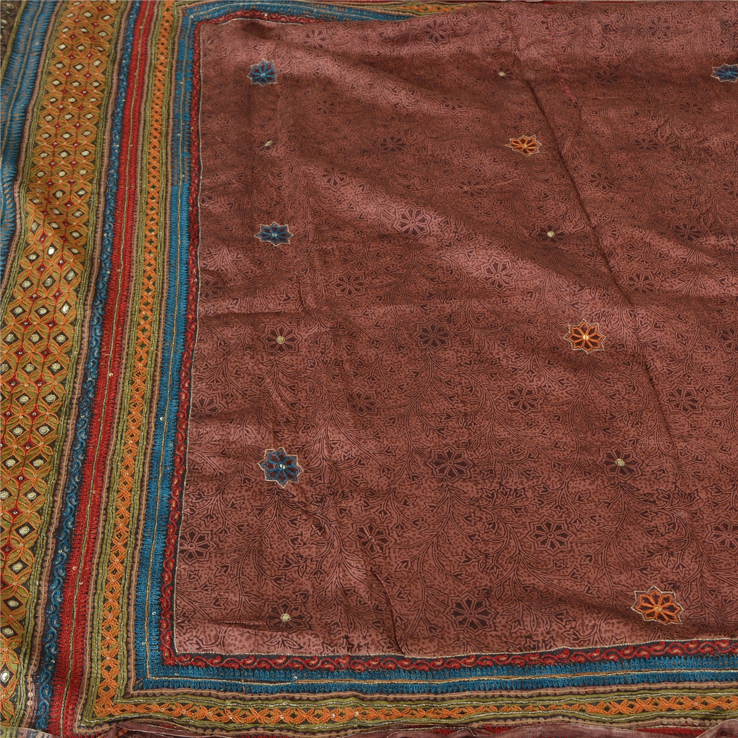 Sanskriti Vintage Sarees Premium Brown Embroidered Pure Silk Sari Craft Fabric