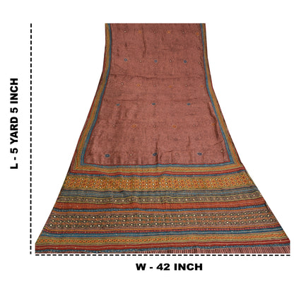 Sanskriti Vintage Sarees Premium Brown Embroidered Pure Silk Sari Craft Fabric