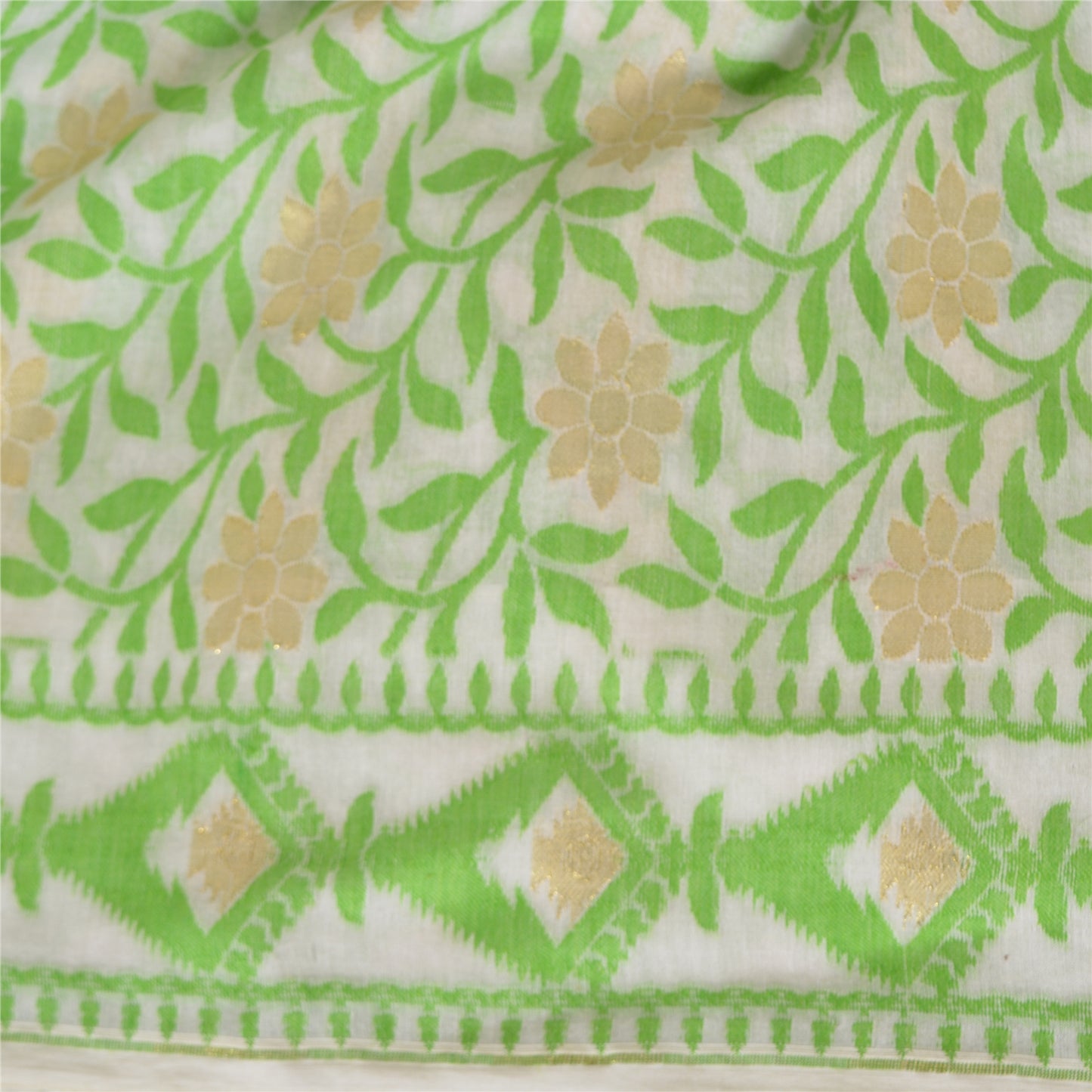 Sanskriti Vintage Sarees Indian Ivory/Green Woven Pure Cotton Sari Craft Fabric