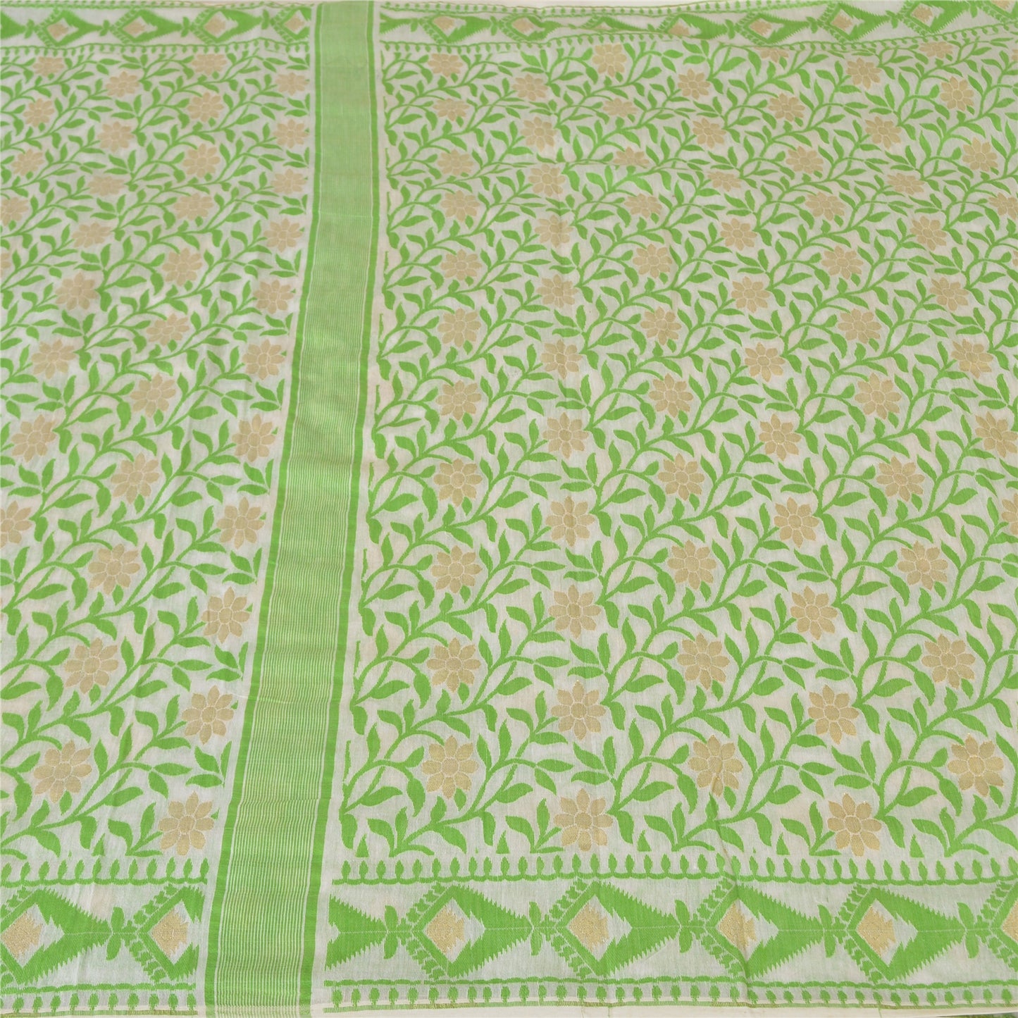 Sanskriti Vintage Sarees Indian Ivory/Green Woven Pure Cotton Sari Craft Fabric