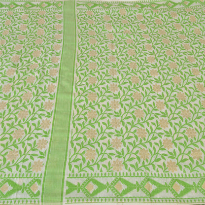 Sanskriti Vintage Sarees Indian Ivory/Green Woven Pure Cotton Sari Craft Fabric