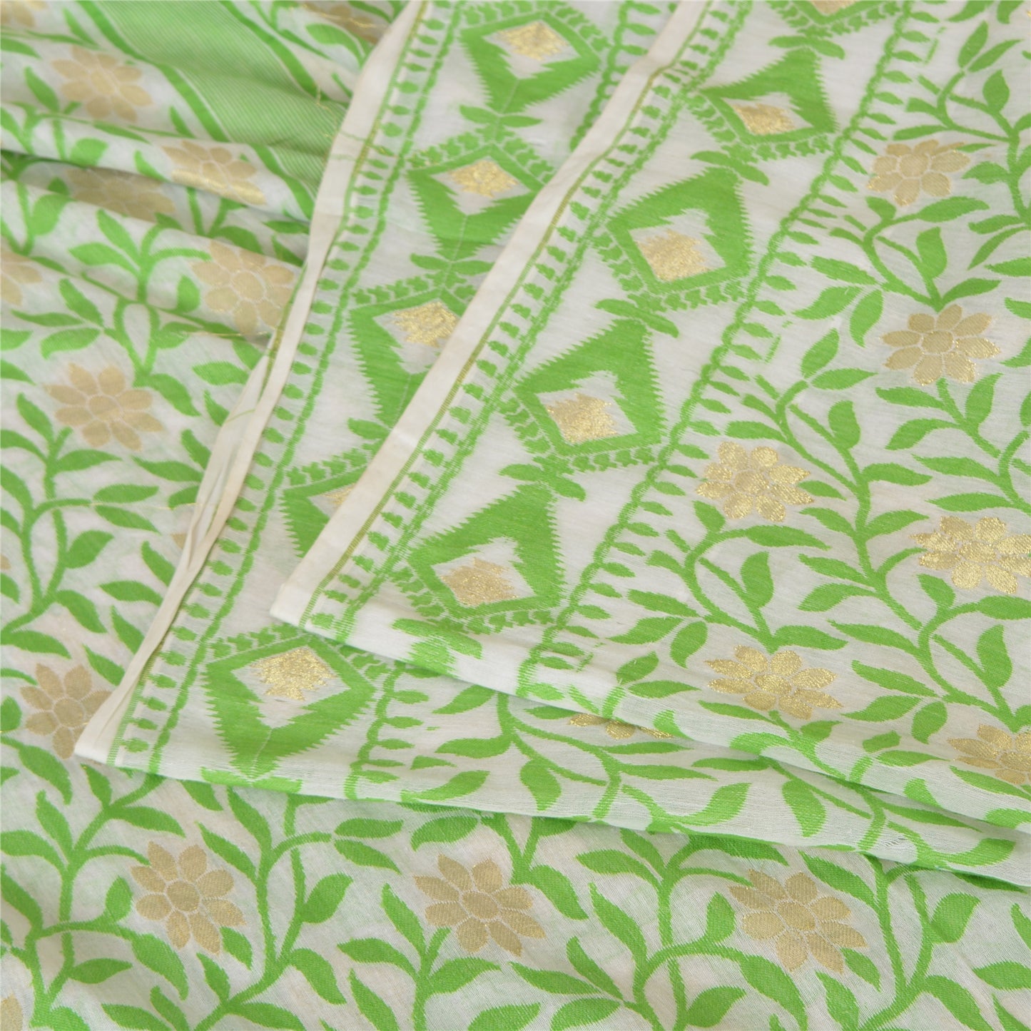 Sanskriti Vintage Sarees Indian Ivory/Green Woven Pure Cotton Sari Craft Fabric