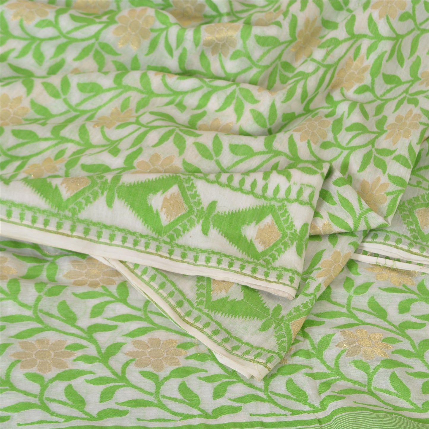 Sanskriti Vintage Sarees Indian Ivory/Green Woven Pure Cotton Sari Craft Fabric