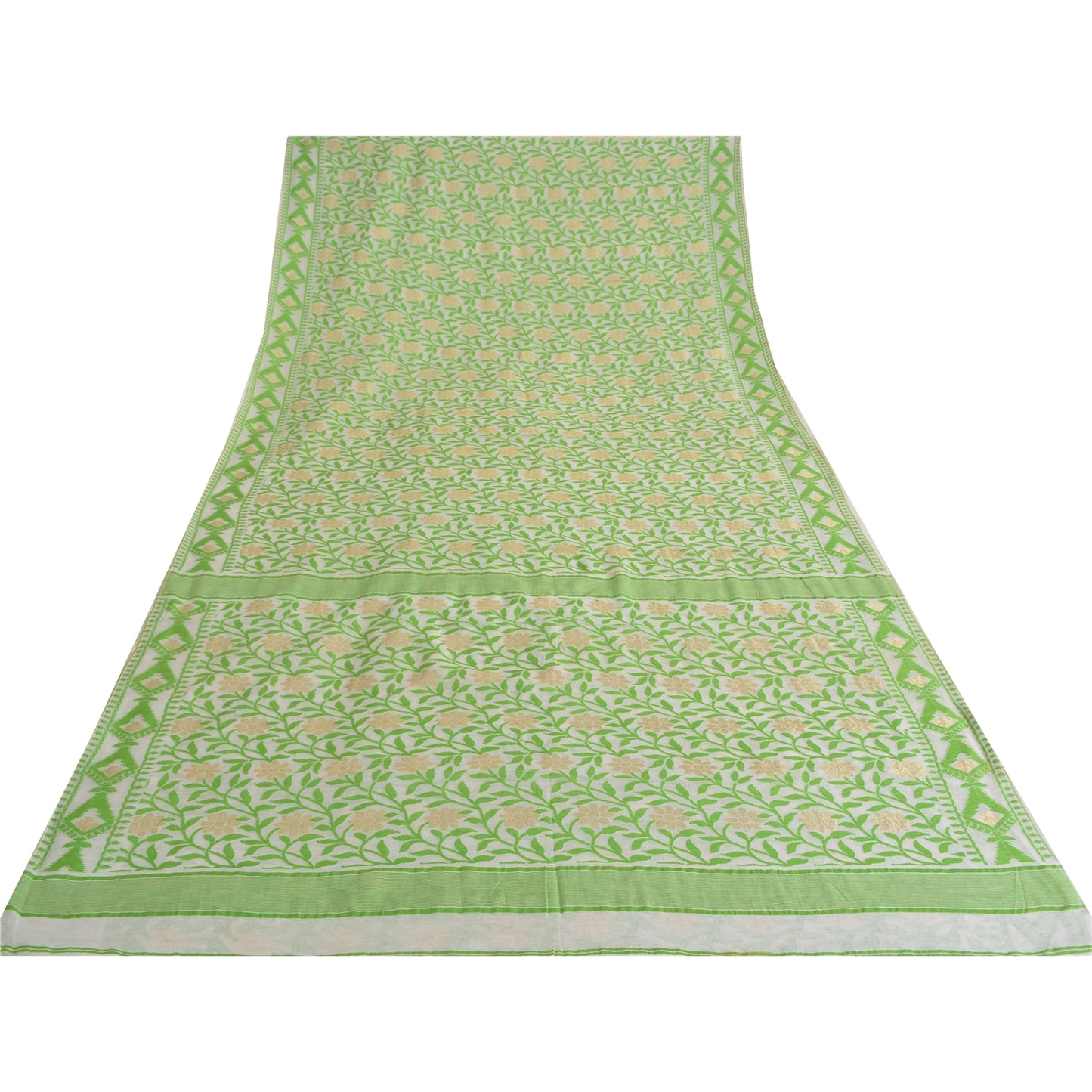 Sanskriti Vintage Sarees Indian Ivory/Green Woven Pure Cotton Sari Craft Fabric