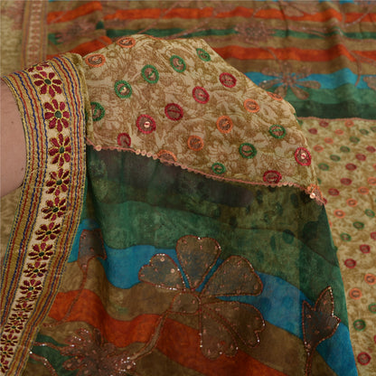 Sanskriti Vintage Sarees Indian Multi Embroiderd Pure Georgette Sari 5yd Fabric