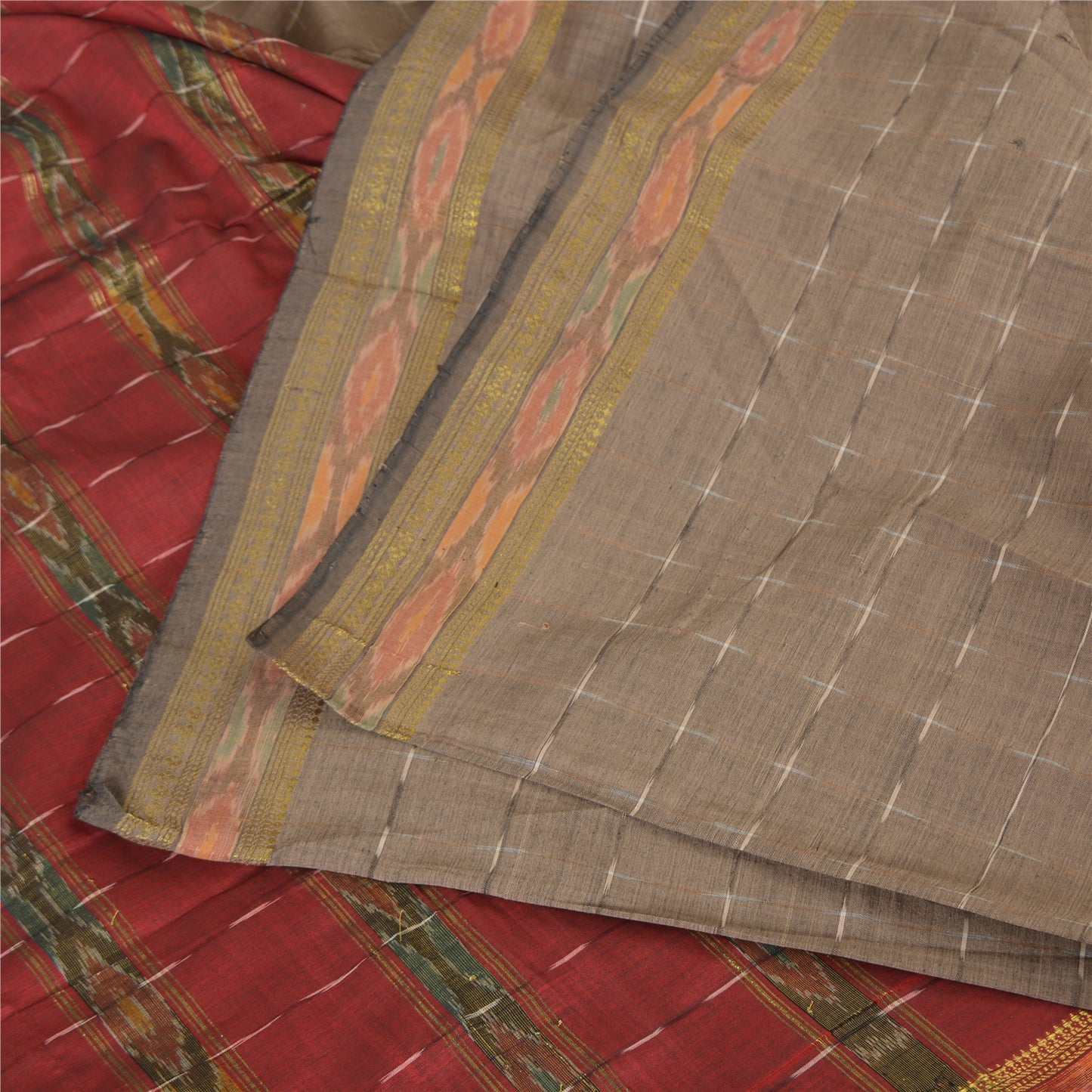 Sanskriti Vintage Sarees Light-Brown Ikat Hand-Woven Cotton Silk Sari 5yd Fabric