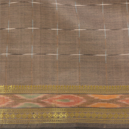 Sanskriti Vintage Sarees Light-Brown Ikat Hand-Woven Cotton Silk Sari 5yd Fabric